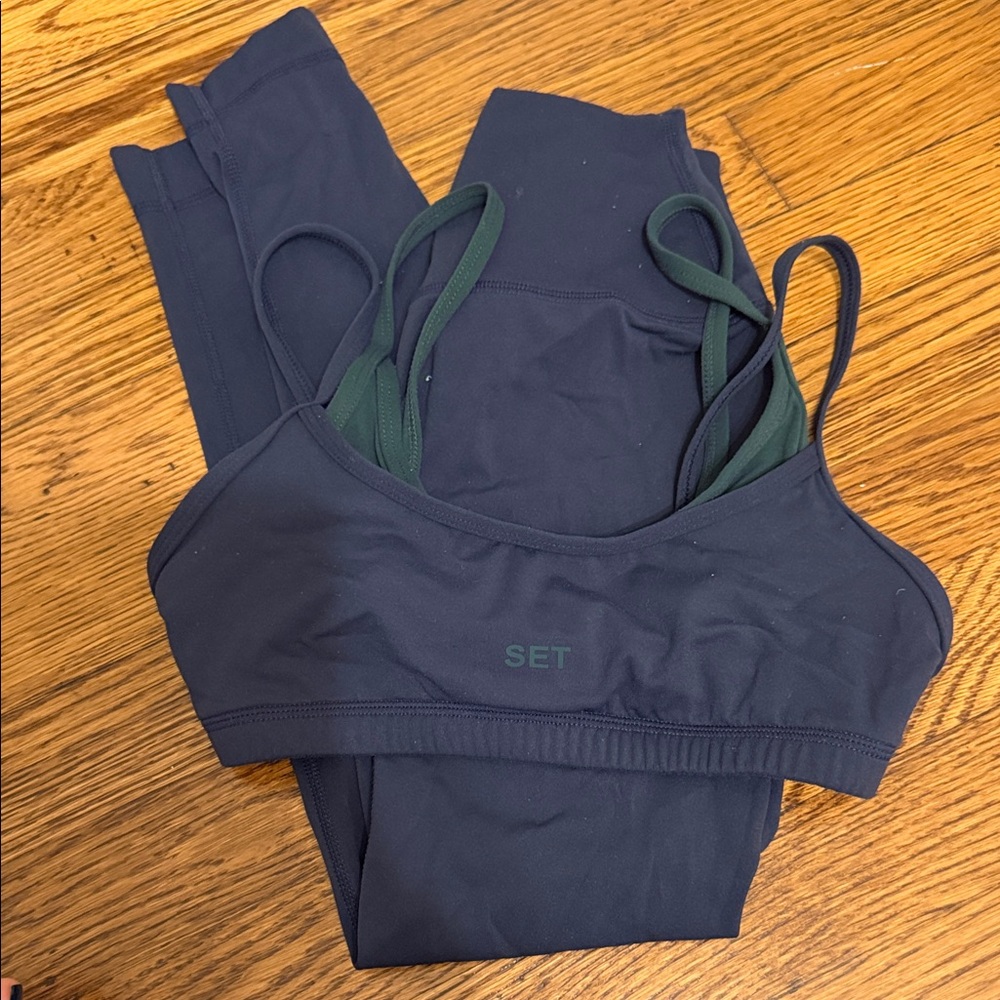 SET Active Navy Sports Bra & Leggings with Dark Green Straps